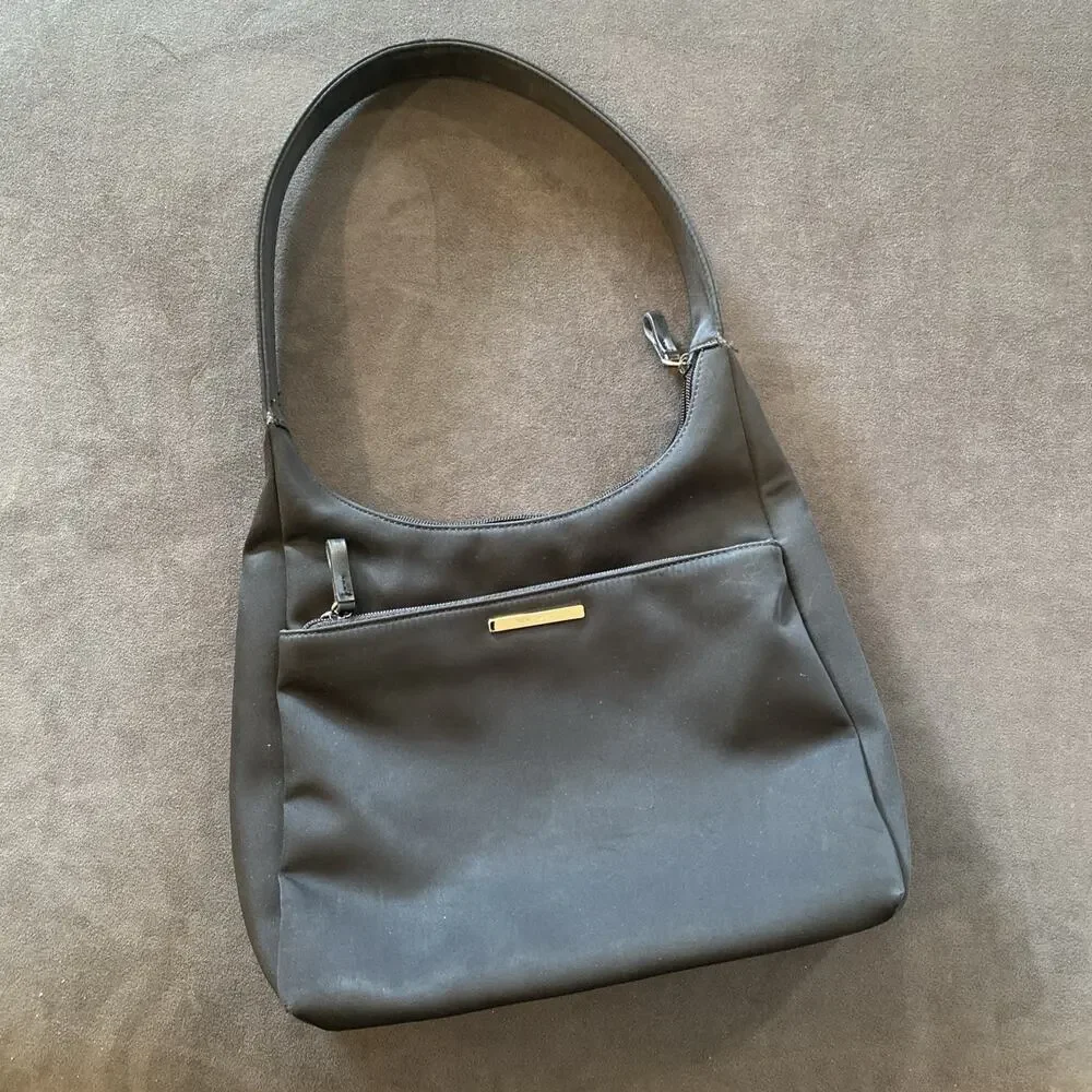 Nine West Black Nylon Shoulder Bag Multi Zip Hobo Purse Womens